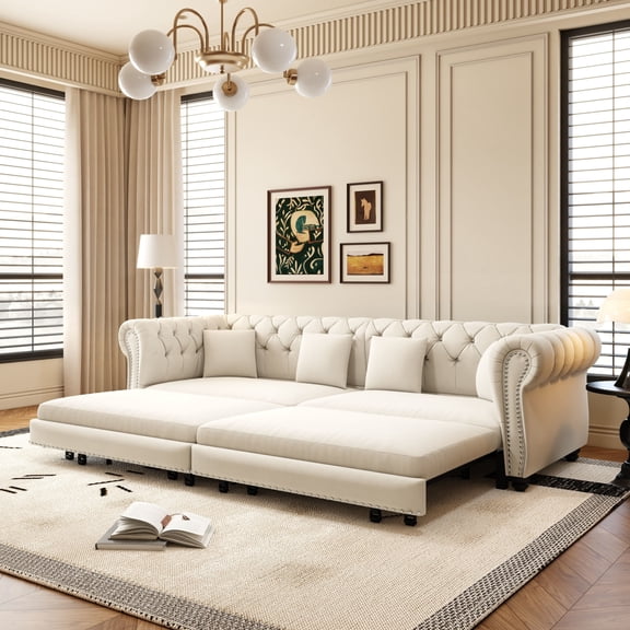 Noble House Ulwick Velvet Chesterfield Pull-Out Sofa Bed, 3-in-1 Convertible Sleeper Couch with Movable Ottoman, Beige White