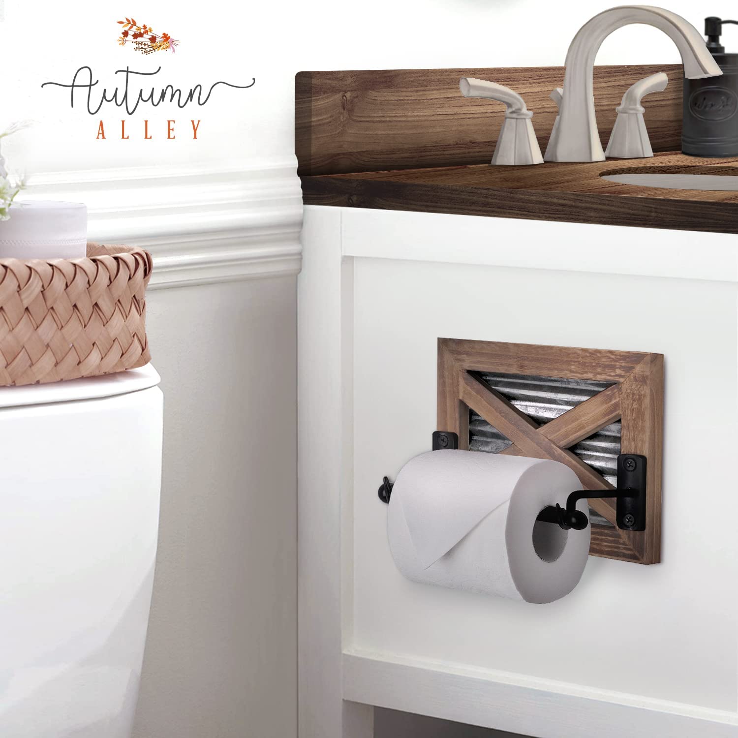 Autumn Alley Farmhouse Toilet Paper Holder and Towel Ring Set, Wall Mount, Rustic Wall Toilet Paper Holder and Bathroom Hand Towel Holder Decor, Wooden Brown