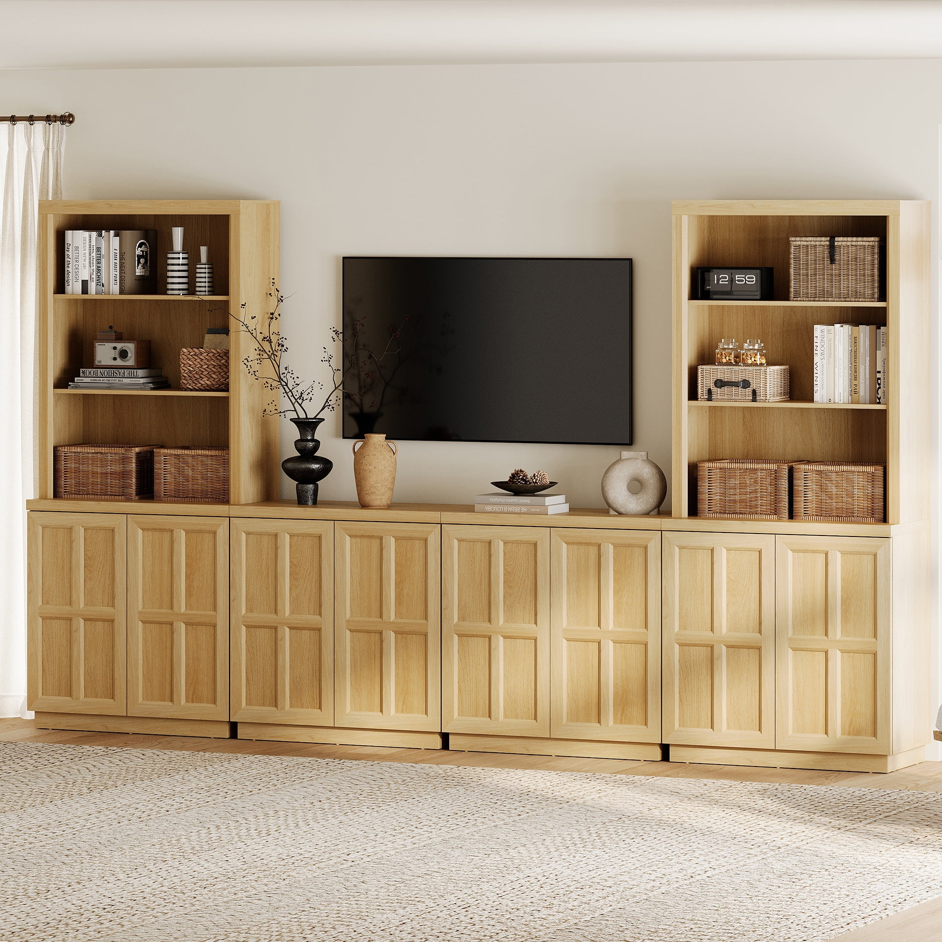 HOMOOI TV Stand up to 70" TV, Boho Thickened Anti-Wobble Wood Entertainment Center, 2 Independent Upper Bookcase Tops & 4-in-1 Rebound Door Media Cabinet for Living Room,Bedroom,Oak