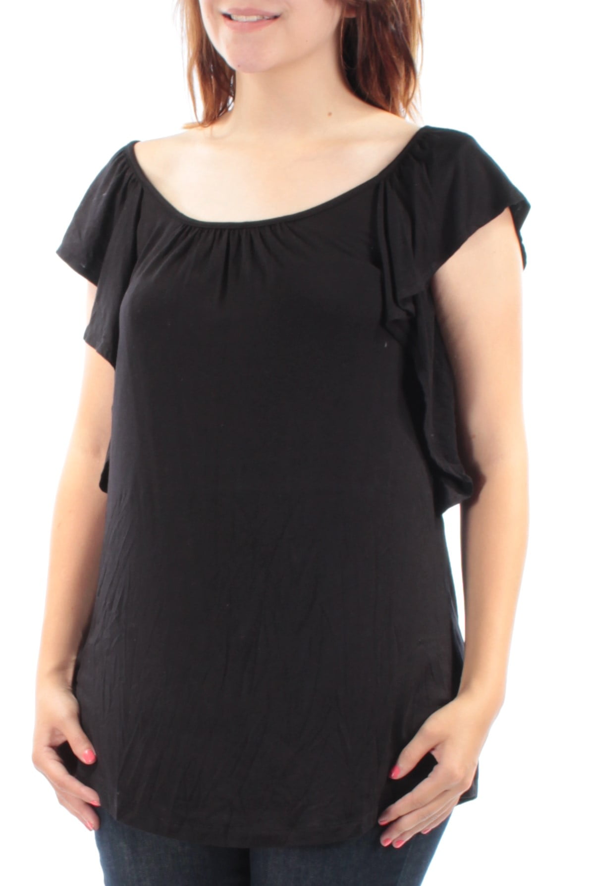 INC INC 39 Womens New 1441 Black Ruffled Boat Neck Cap Sleeve Casual