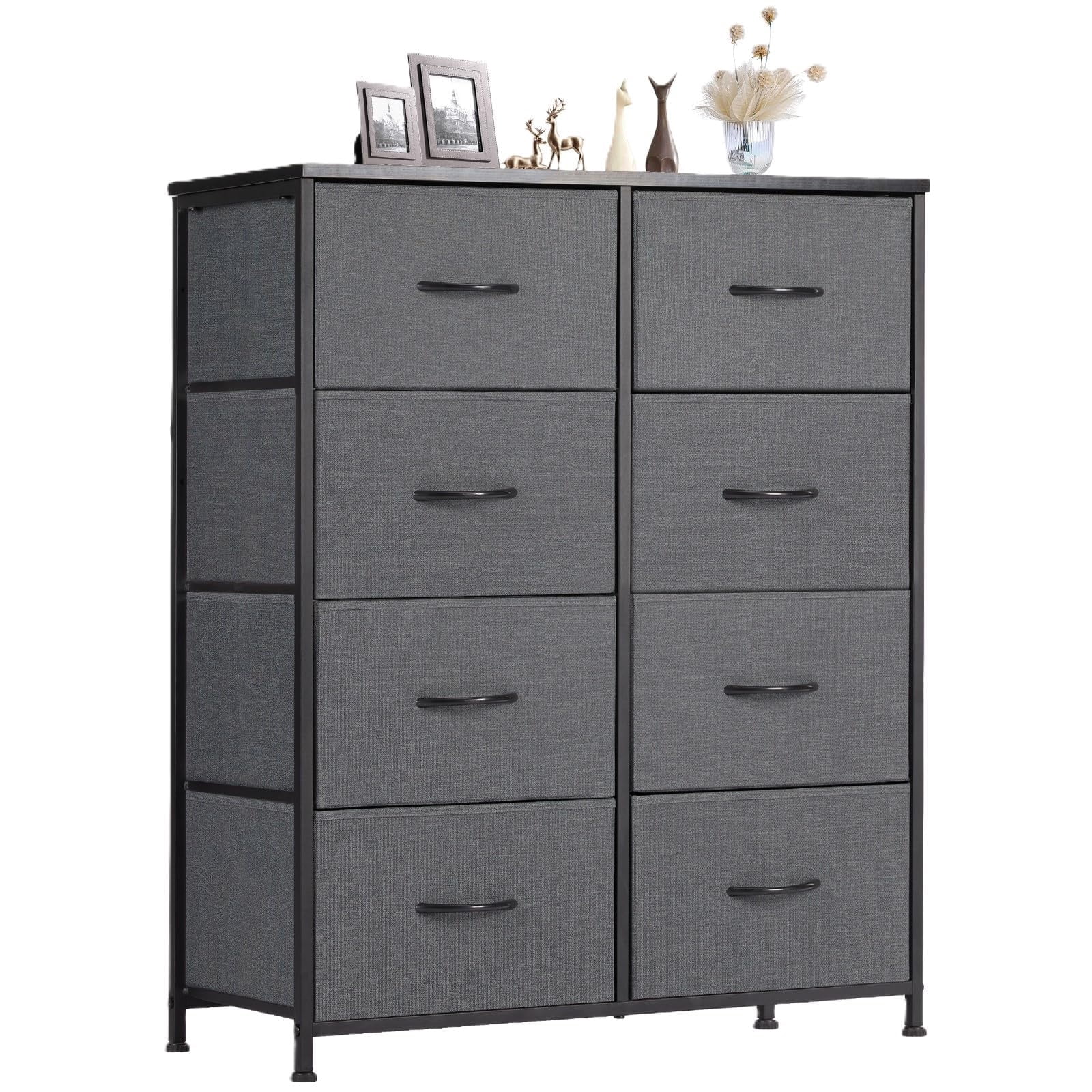 Telyra 8-Drawer Fabric Dresser Tall Storage Tower with Wood Top and Steel Frame Bedroom Closet Organizer, Gray