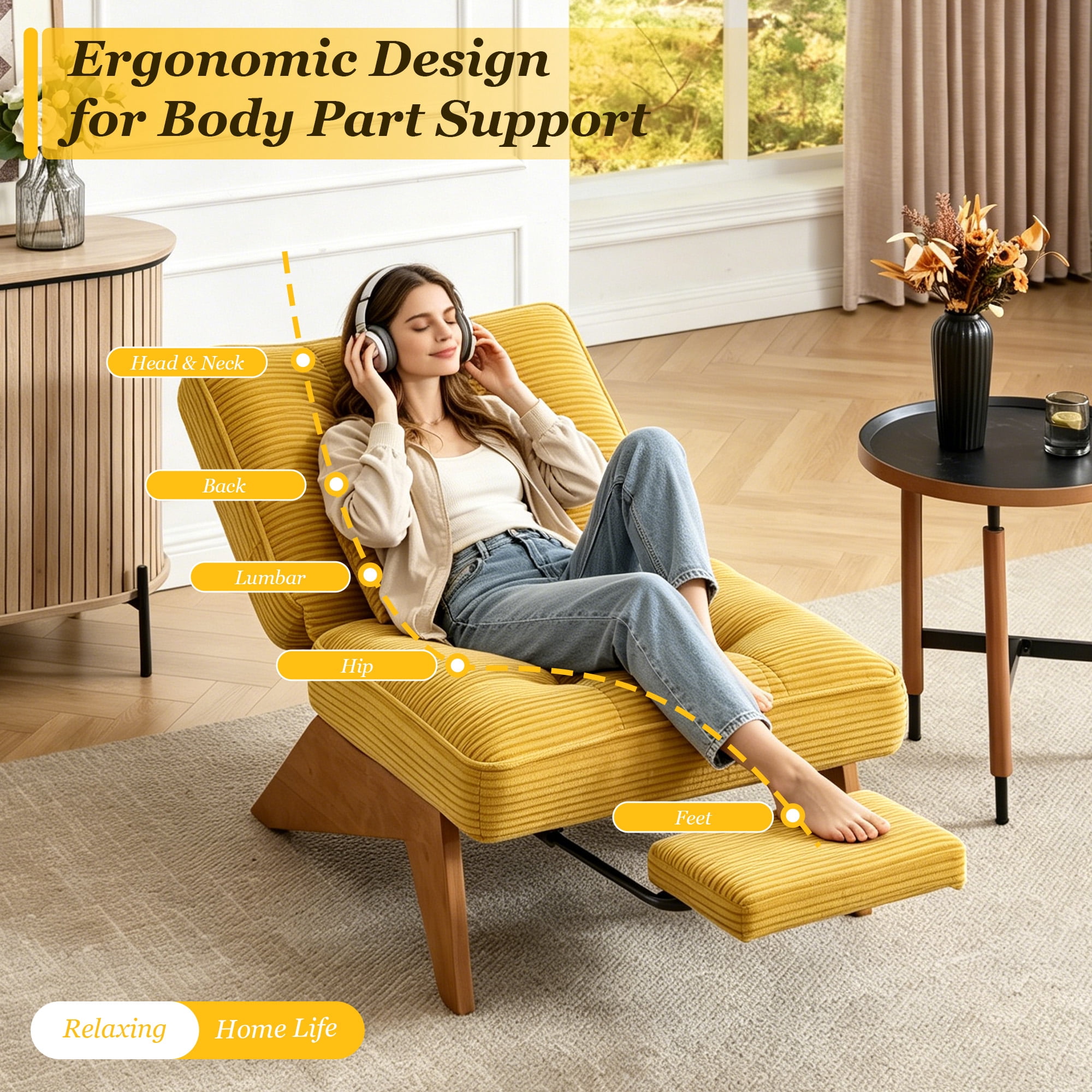MOONMISS Modern Adjustable Lounge Chair with Footrest,Wooden Base Upholstered Recliner for Reading Rest Corduroy