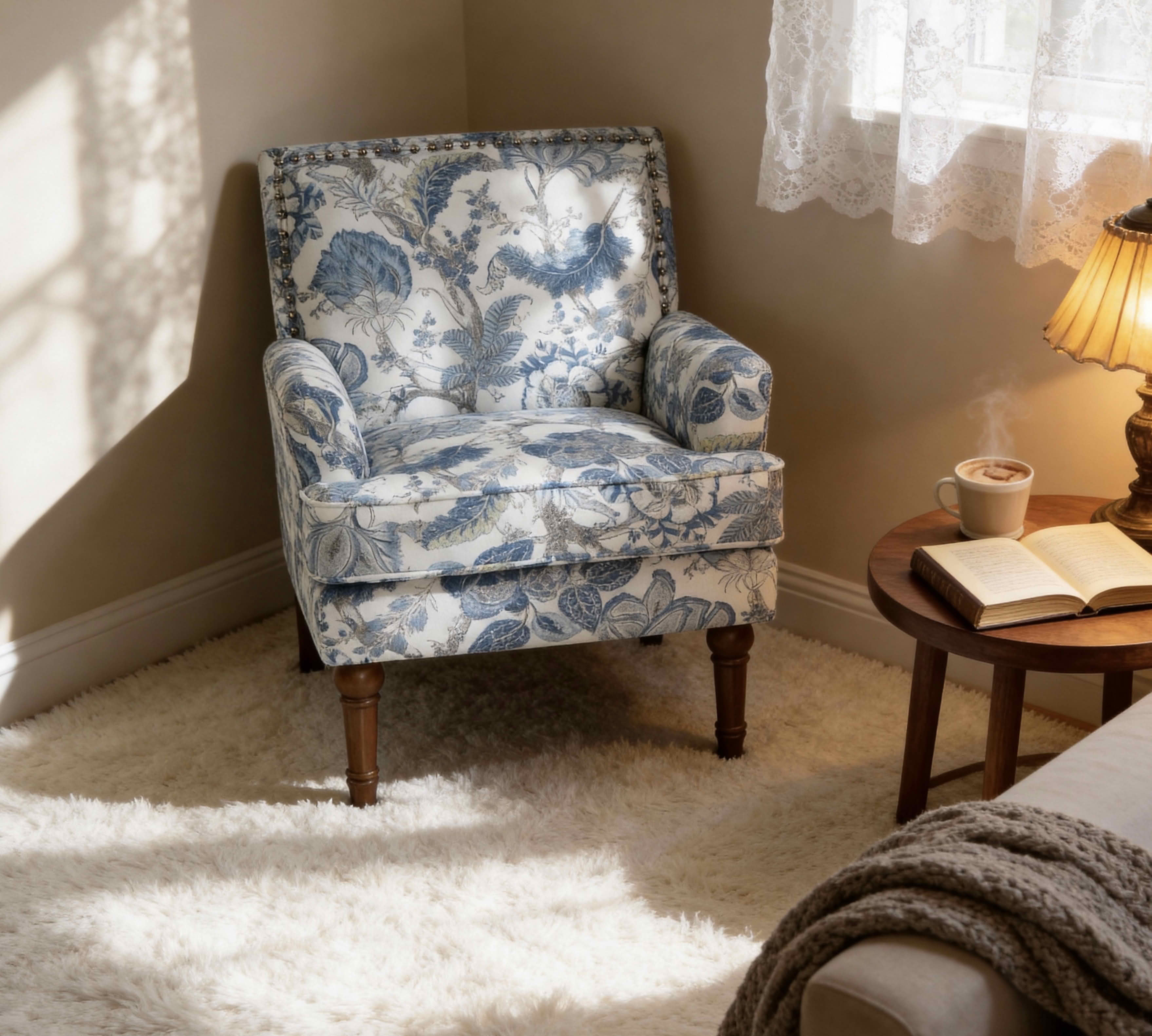 MAYEERTY 29 In Floral Accent Armchair, Farmhouse Upholstered, Nailhead Trim, Wood Legs, Blue