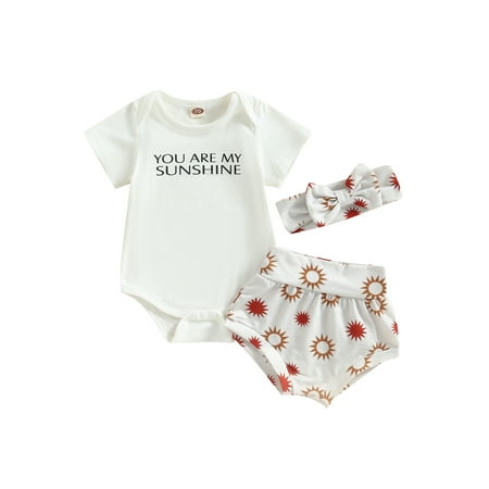 

Binwwede Baby Girls Set Short Sleeve Letters Print Romper with Sun/Rainbow Print Shorts and Bowknot Hairband
