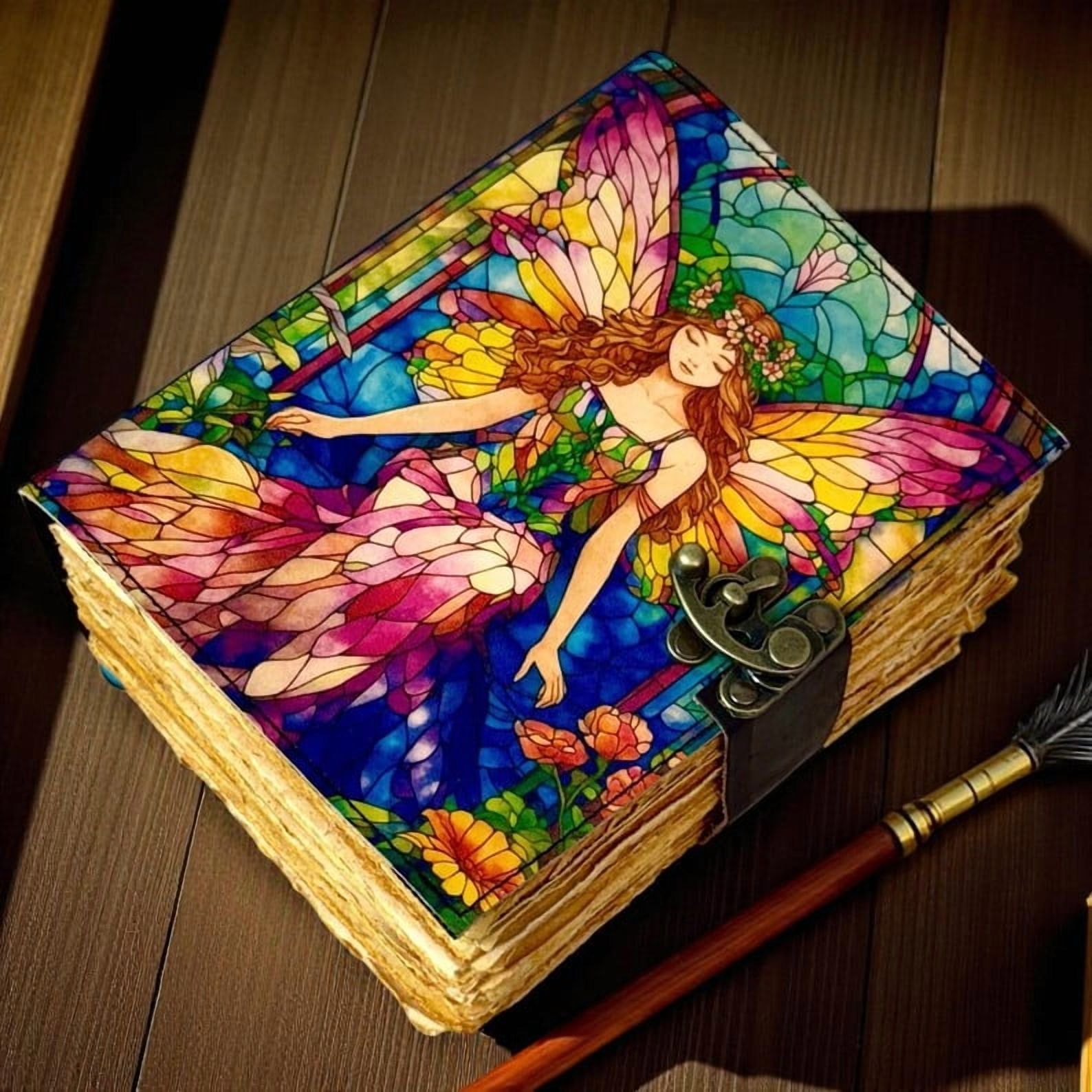 Fairy Leather Grimoire Journal – Handmade 200-Page Book of Shadows, Vintage Witchcraft Spellbook, Wiccan Pagan Journal, Gothic Witchy Gift