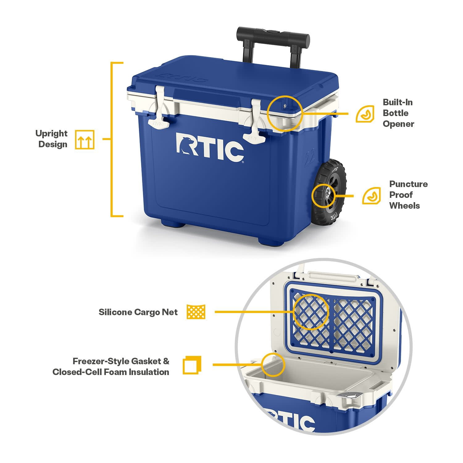RTIC 22 QT Wheeled Hard-Sided Cooler, Fits 28 Cans or 6 Wine Bottles, Cobalt & White