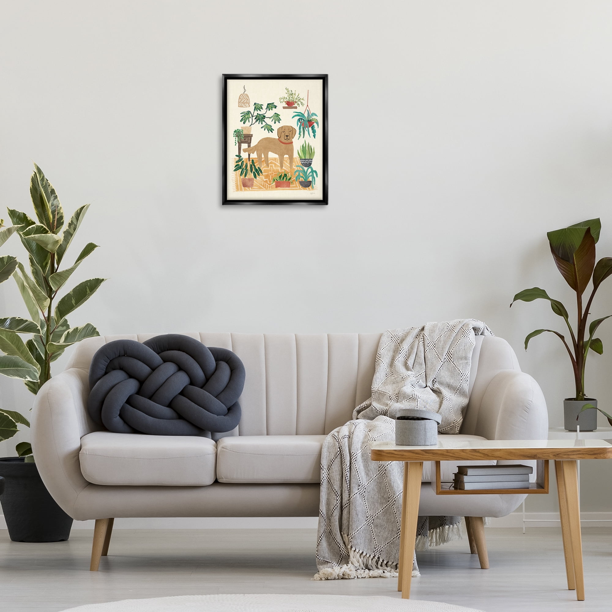 Stupell Industries Labrador with House Plants Animals & Insects Painting Black Floater Framed Canvas Art Print Wall Art, 17 x 21