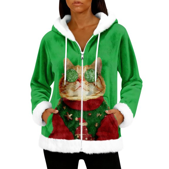 Women's Casual Fashion Long-Sleeve Zip-Up Fleece Hooded Cardigan with Christmas Print, Cozy and Warm for Winter Season,Beige,M