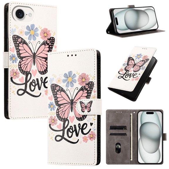 Colorful Painted Wallet Phone Case for iPhone 17e/16e 6.1" , PU Leather Flip Folio Cover With Card Slots, Magnetic Closure, Kickstand, Shockproof Protective Phone Case,Pink Butterfly