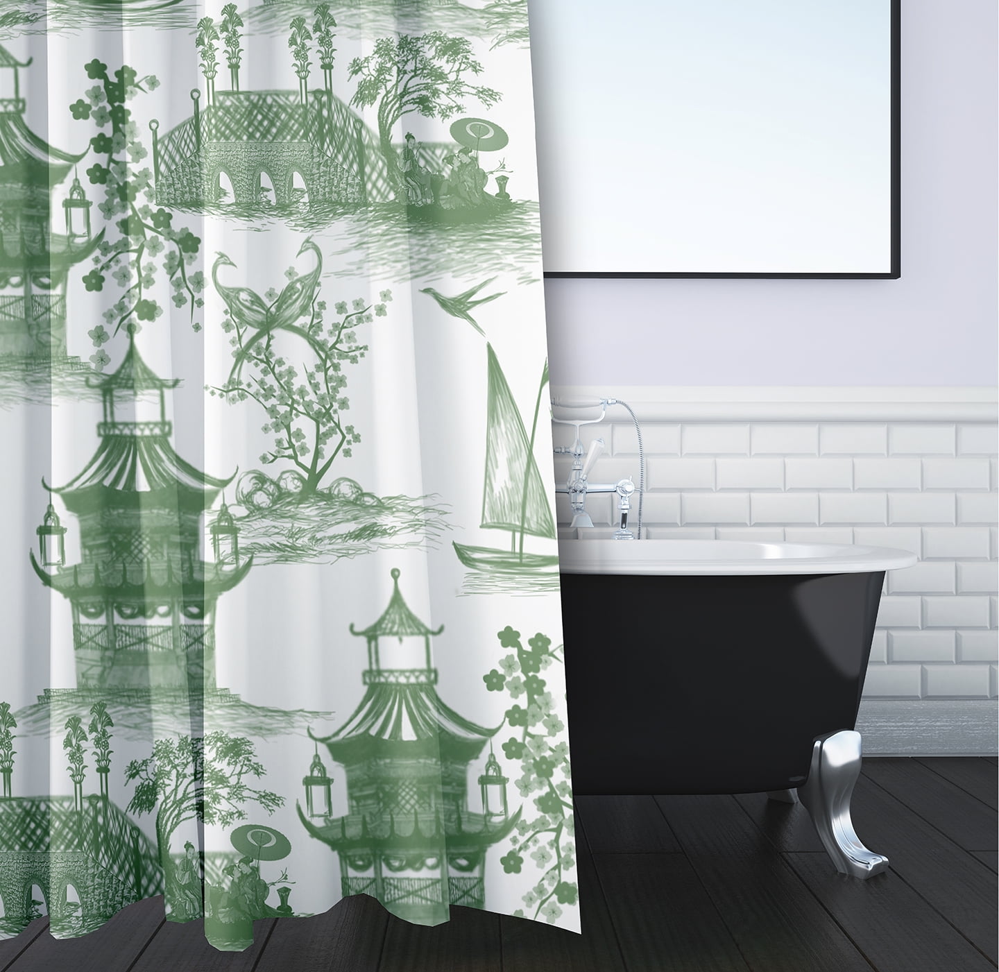Simply Daisy 70" W x 73" L China Old Polyester Shower Curtain, Green [1 Ct]