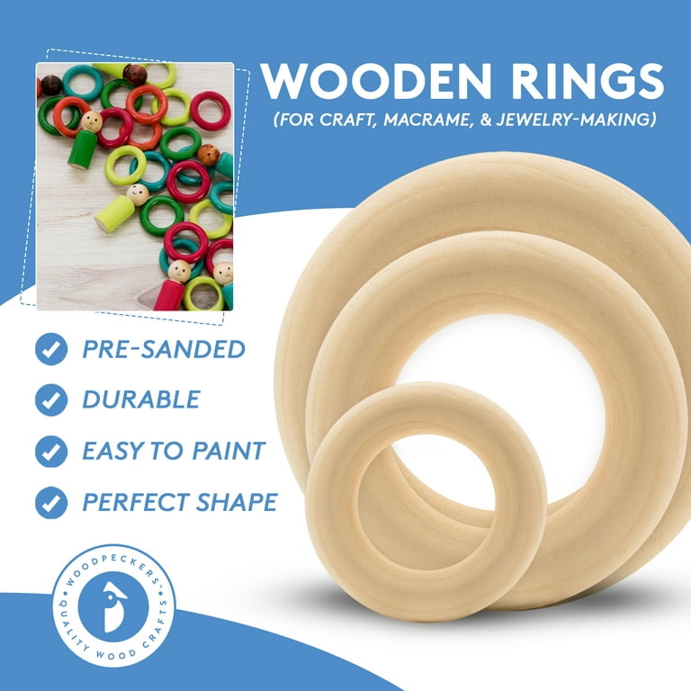 Wood Rings for Crafts 3 Inch, Pack of 5 Unfinished Wooden Rings for Macrame  and Jewelry-making, by Woodpeckers
