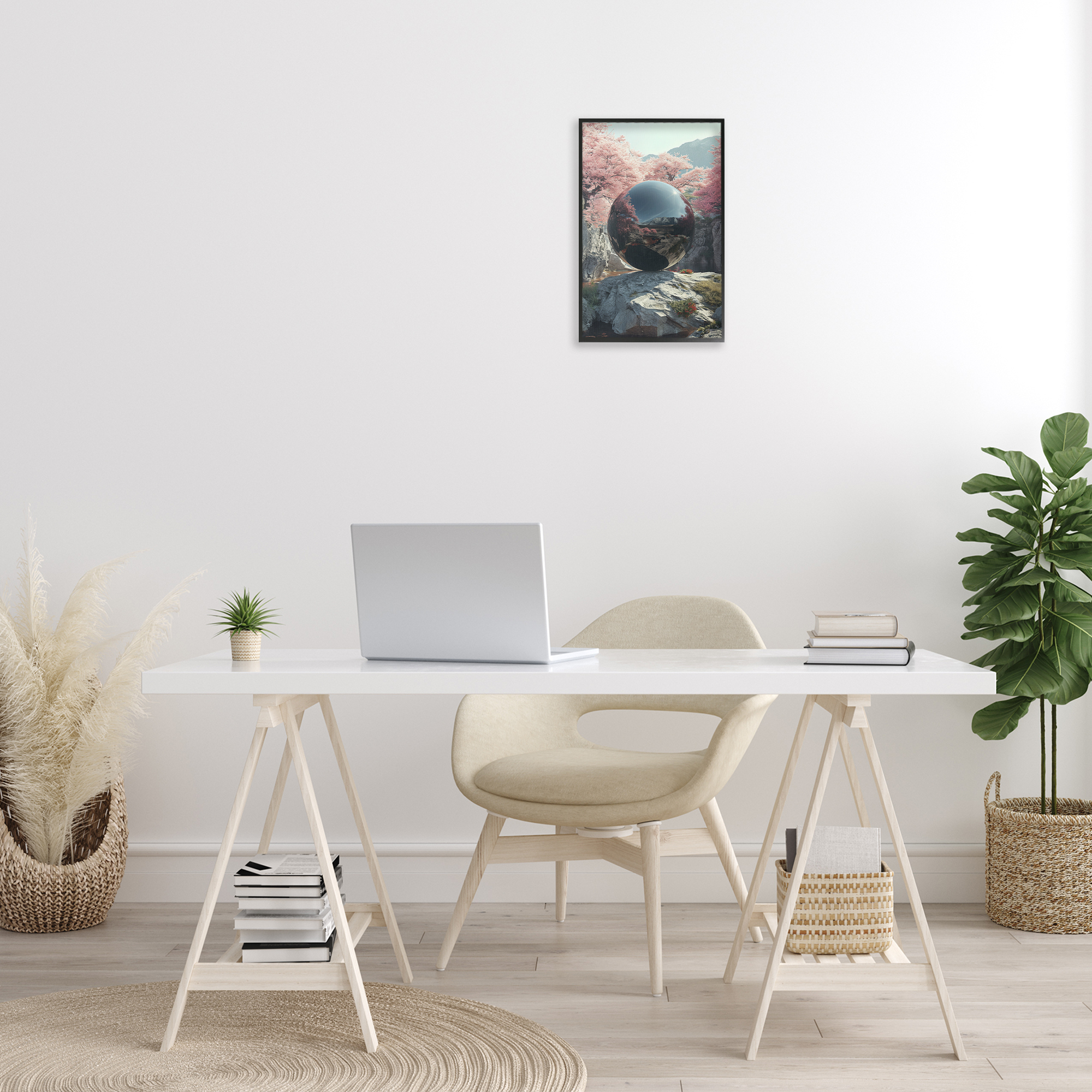 Stupell Industries Surreal Reflective Ball Landscape Painting Black Framed Art Print Wall Art, 12 x 18