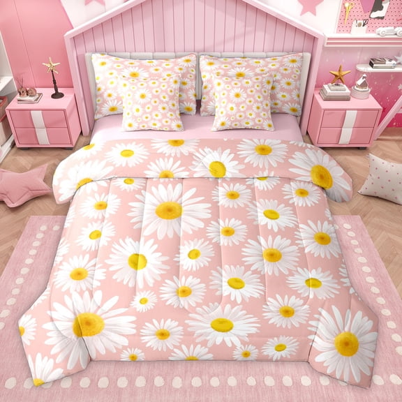 Homewish Cartoon Floral Daisy 7-Piece Twin Bedding Sets,Rustic Flower Bedding Comforter Set,Pink White Yellow Sheet Sets For Girl Kids,Super Cozy Room Decor Reversible