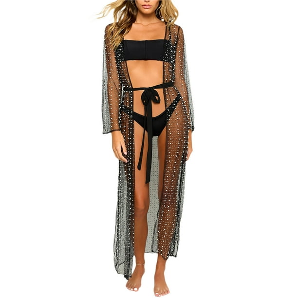 Women's Sheer Pearl Rhinestone Cover Up See Through Open Front Long Cardigan Beach Swimwear