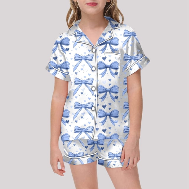MKLEKYY Pijama Estampado de Niña, Manga Corta, Botones, Top y Pantalones Cortos, conjunto de Pijama para Casa