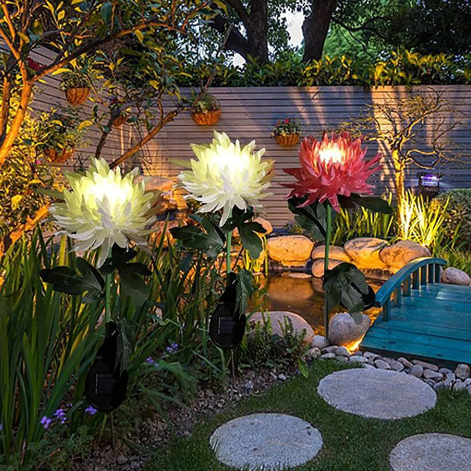 Artificial Flowers Lights,3 Pack Fake chrysanthemum Bouquet,Outdoor Solar Lights,Garden Decorative Flowers,LED Outdoor Garden Flower Light for Patio,Lawn,Yard,Path