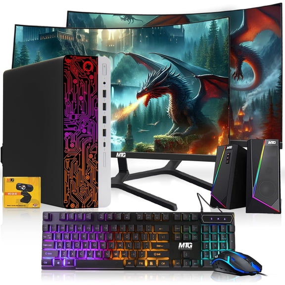 Restored TechMagnet Zeus Gaming Desktop Tower,Intel Core i5,16GB RAM,1TB SSD,2TB HDD,AMD RX 550, Dual 24 Inch Full HD Monitor,RGB Keyboard and Mouse,40W Speaker,1080P Webcam