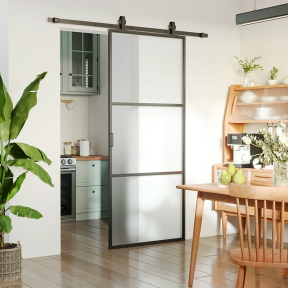 HOMCOM 36" x 84" Sliding Door with Hardware Kit, Handle, & Track, Industrial Frosted Tempered Glass Door with Carbon Steel, Easy Installation