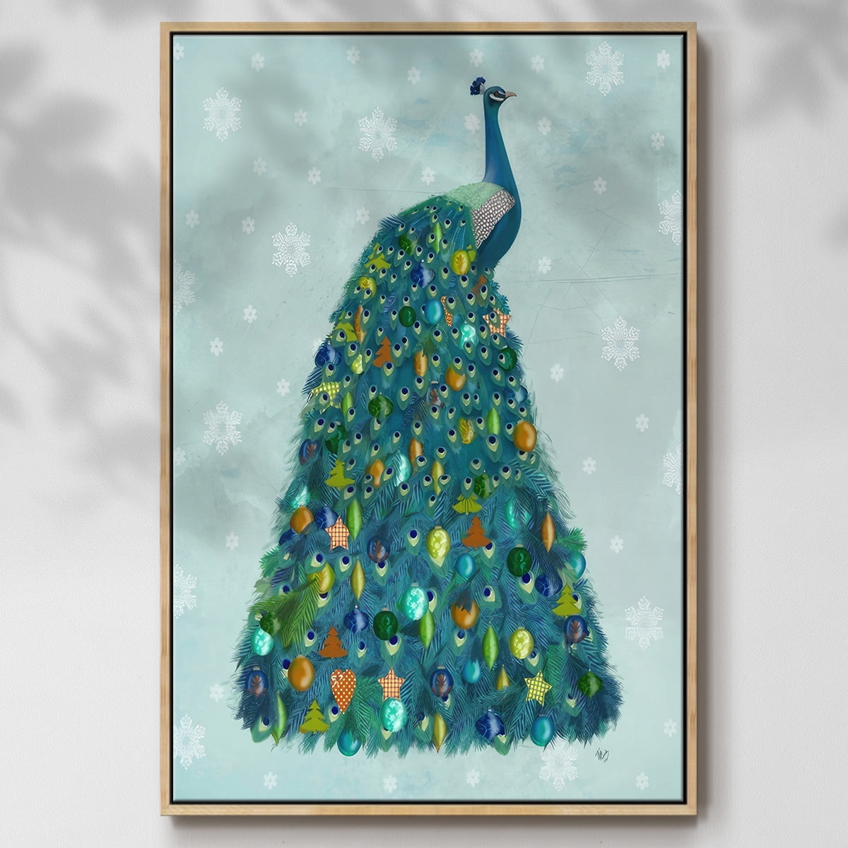 Christmas Peacock Christmas Tree - Framed Gallery Wrapped Holiday Canvas - 27 x 41 - Natural Wood Frame