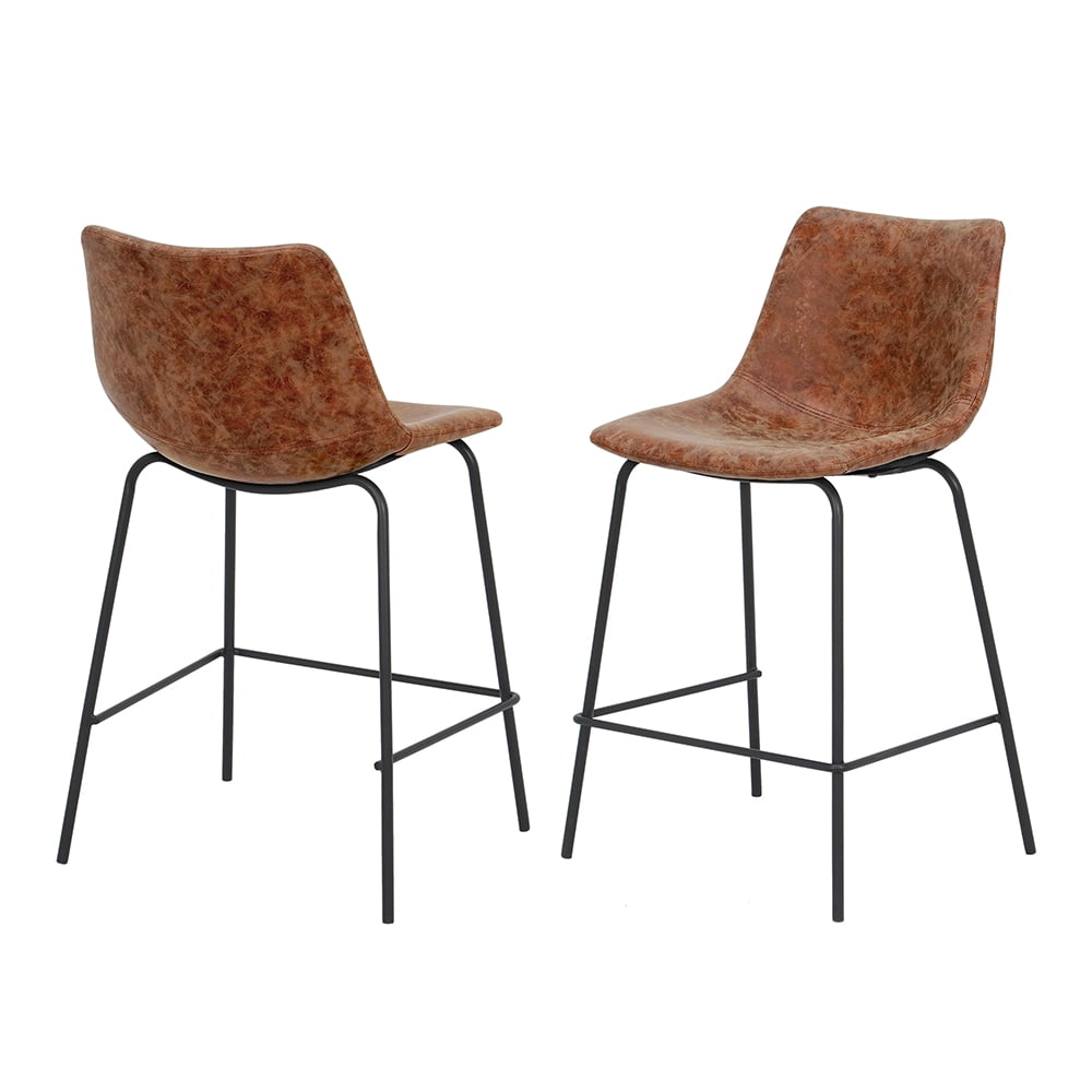Abble 24 inch Bar Stools Set of 2, Faux Leather Upholstered Low Back Kitchen Counter Height Stools with Sled Base, Floor-Scratch Protection,  Camel