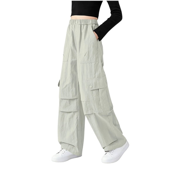 Girls Cargo Pants Casual Streetwear Green Wide Leg Elastic Waistband Soft Cotton Pockets Back to School Outdoor,Size 11-12 T