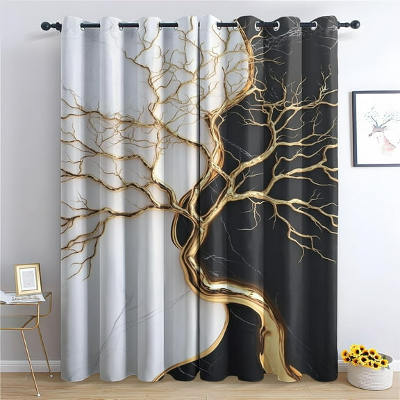 Gold Tree Patterned Blackout Curtains for Bedroom, Living Room Decor, Room Darkening Thermal Insulated Grommet Drapes, Black and White Marble Window Treatments-42"W x 96"L (Pack of 2)