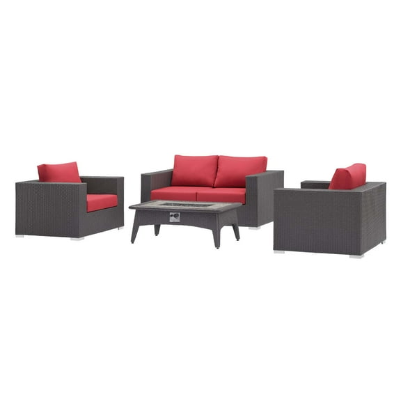 Contemporary Modern Urban Designer Outdoor Patio Balcony Garden Furniture Lounge Sofa, Chair and Coffee Table Fire Pit Set, Fabric Rattan Wicker, Red