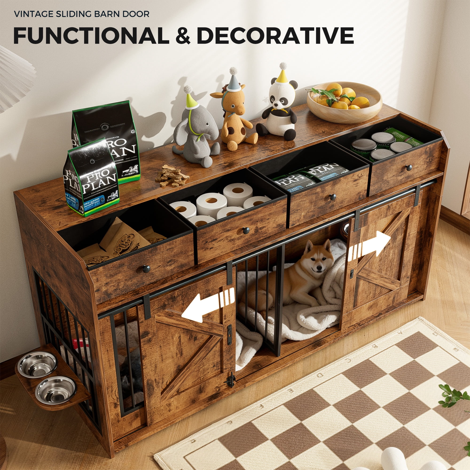Advwin 63" Wooden Double Dog Crate Furniture with Drawers, Divider, Sliding Doors and Dual Feeding Stations, TV Stand Dog Kennel for 2 Small/Medium Dogs, Rustic Brown