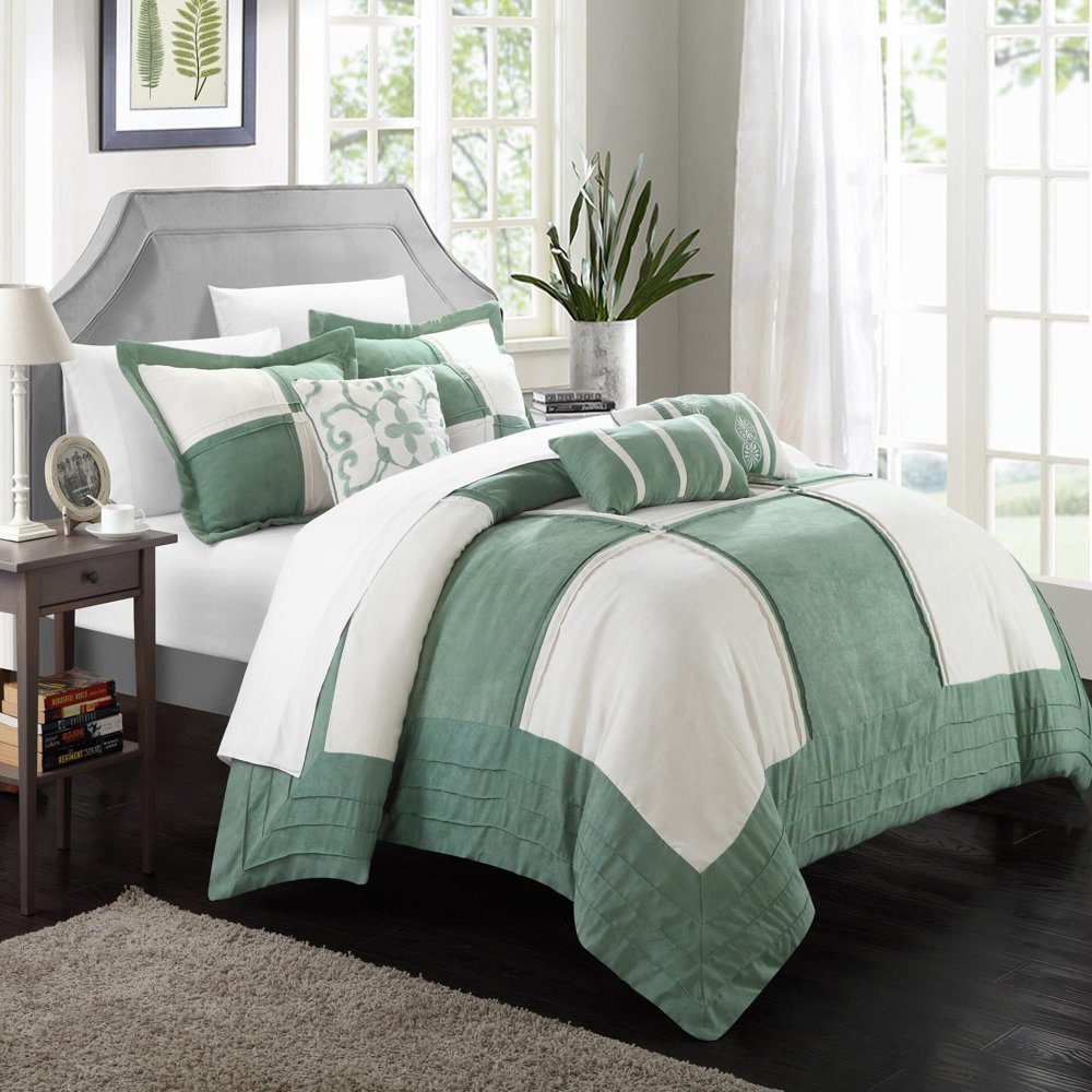 Lazio Microsuede Green & Whites 11 Piece Comforter Bed In A Bag Set