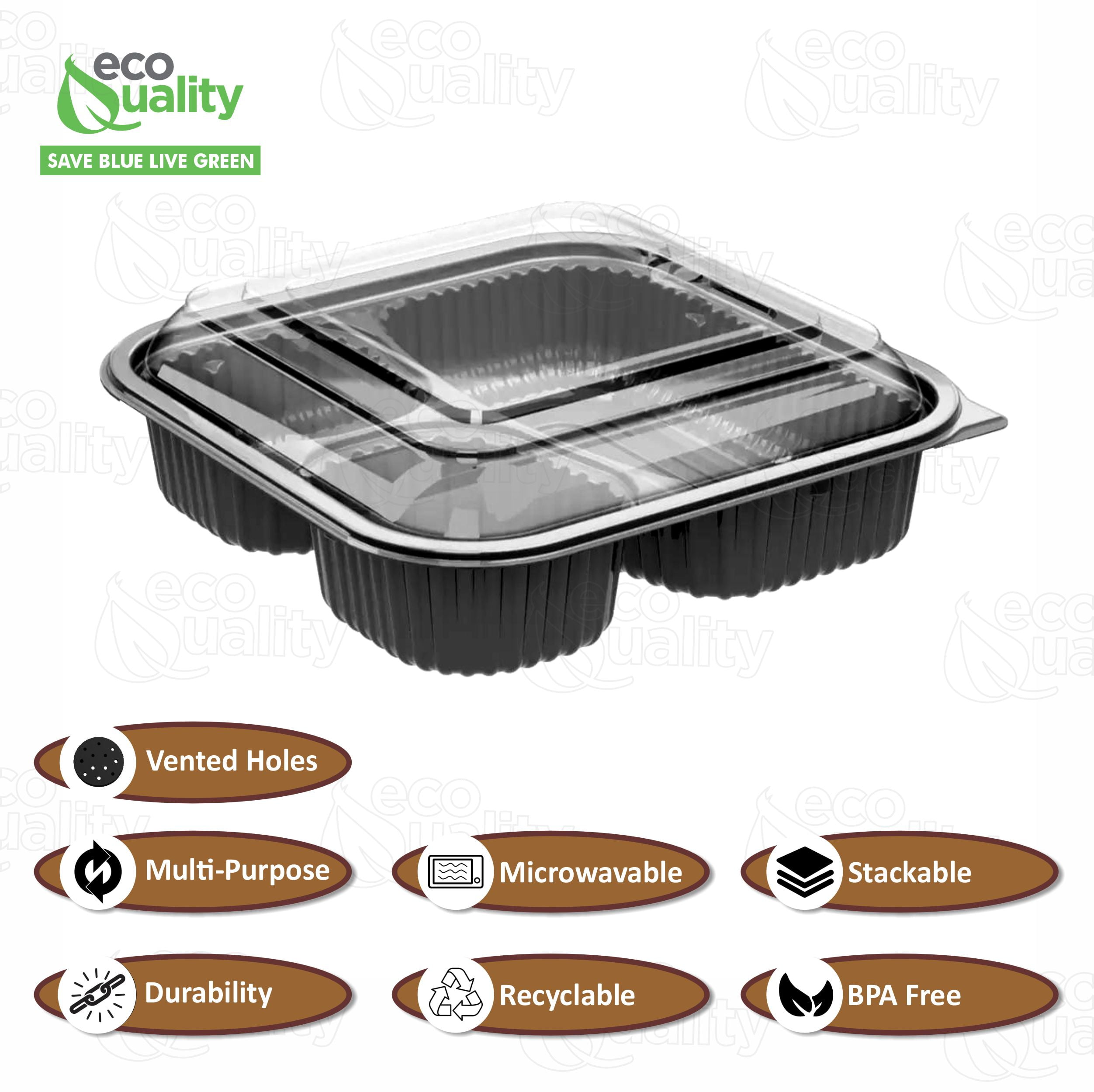EcoQuality 36oz 8" 3 Compartment Square Black Container with Clear Dome Lid, Reusable Bento Box, Food Storage Containers | BPA Free | Stackable | Lunch Boxes, Microwave/Dishwasher/Freezer Safe (25)