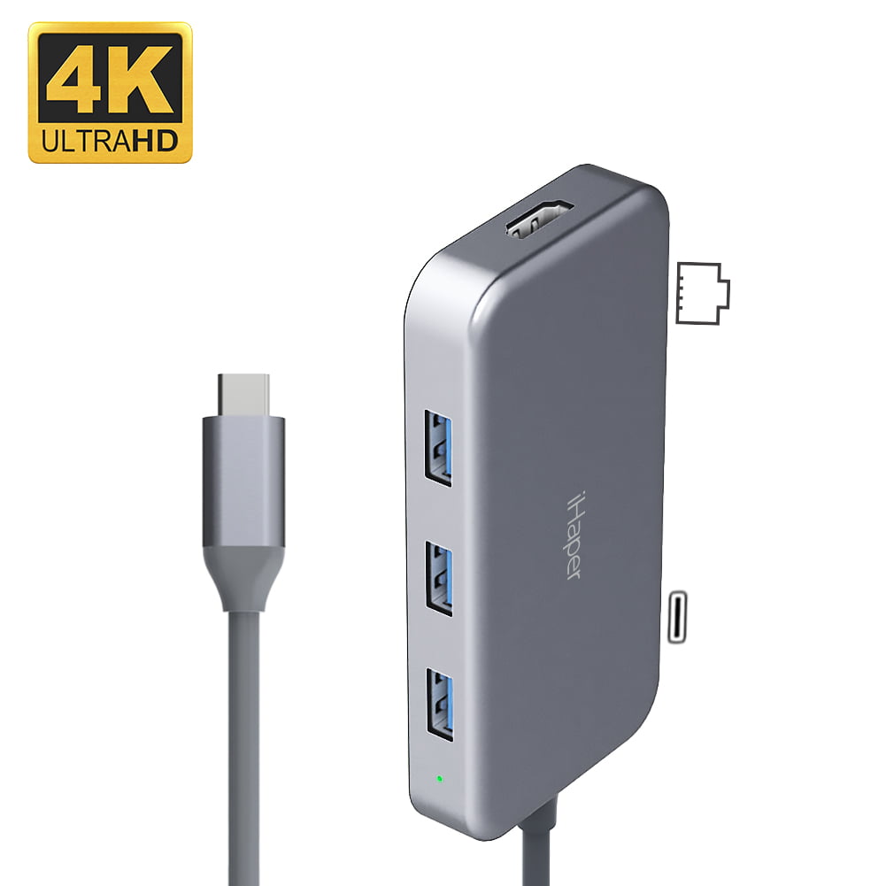 ChromeBook 6-in-1 Type C Adapter with Ethernet Port and More USB-C Power Delivery for MacBook/MacBook Air/MacBook Pro 2018/2017/2016 3 USB 3.0 Ports iHaper USB C hub XPS 4K USB C to HDMI