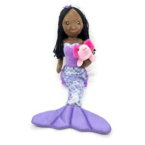 The Petting Zoo, Mermaid Doll with Axolotl Stuffed Animal, Gift for Girls, Mermaid Plush Doll with Axolotl Plush Toy, 17 inch (African American)