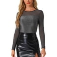 thumbnail image 1 of Camisetas brillantes INSPIRE CHIC para mujeres con panel de malla, cuello redondo, mangas largas y ajuste esbelto en gris plateado, 1 of 6