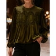 thumbnail image 4 of PUWEI Women's Lace Trim Velvet Blouse Elegant Flared Long Sleeve Top Casual Crew Neck Blouse, 4 of 7