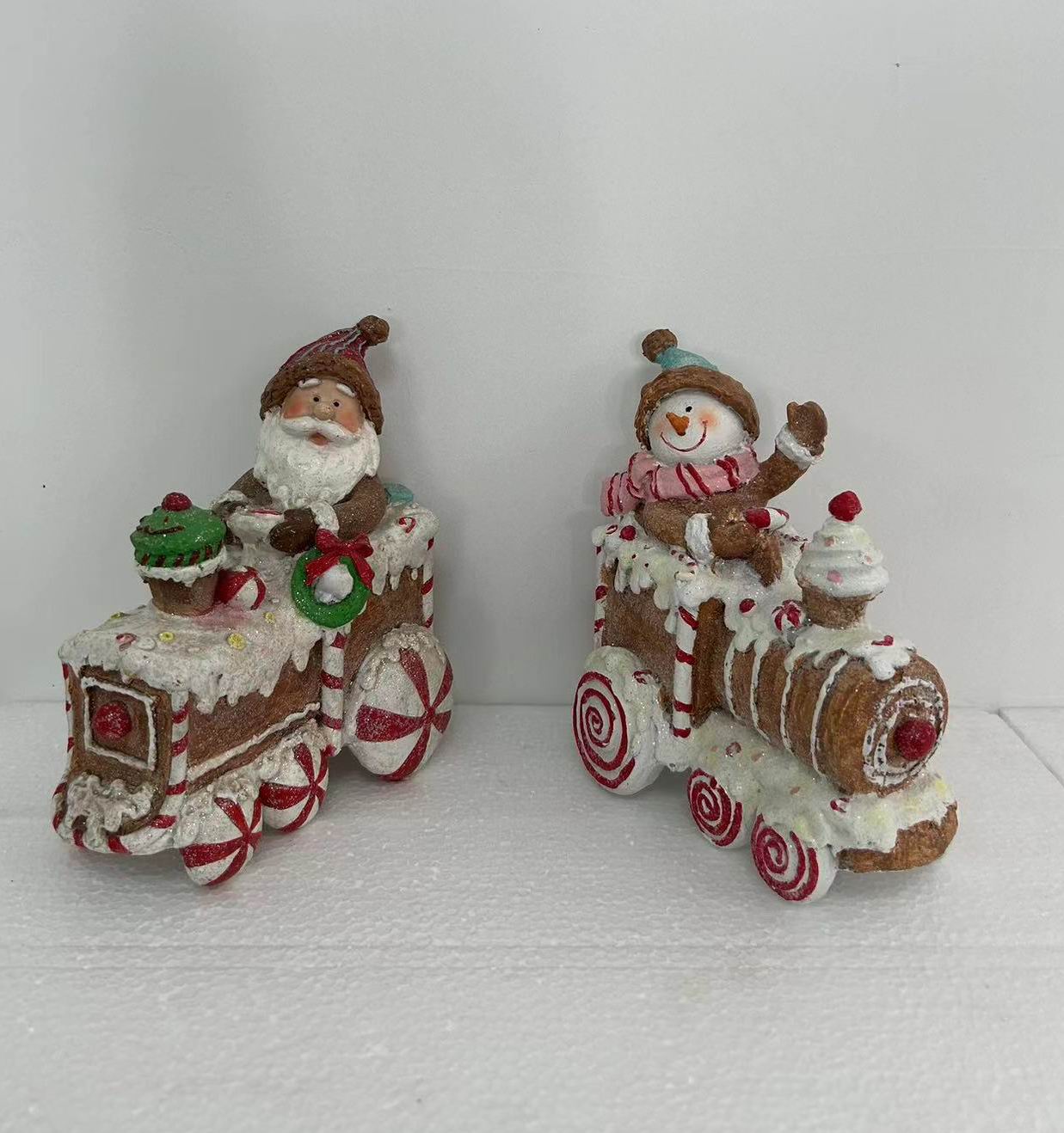 Set of 2 Santa and Snowman on Gingerbread Trains Christmas Figures - 6.75"