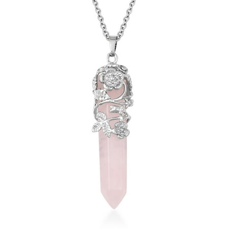 Rose Quartz Silvertone Stainless Steel Flower Chain Pendant Necklace for Women Jewelry Gift Size 24