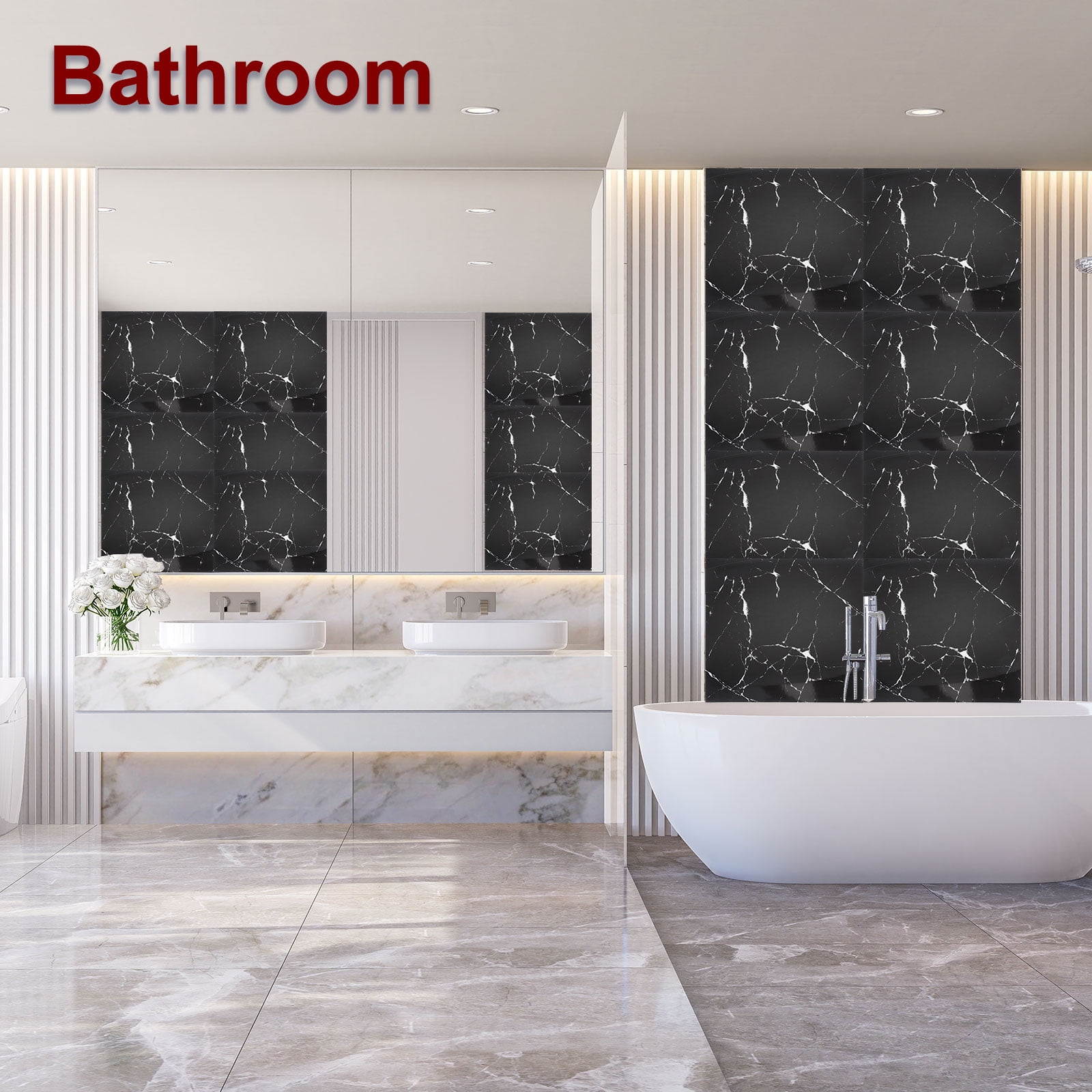 Uxcell 20Pcs Peel and Stick Marble Tiles, Waterproof Wall Panel Backsplash, 11.81"x11.81" Peel and Stick Shower Tiles for Bathroom, Black and White Root Design