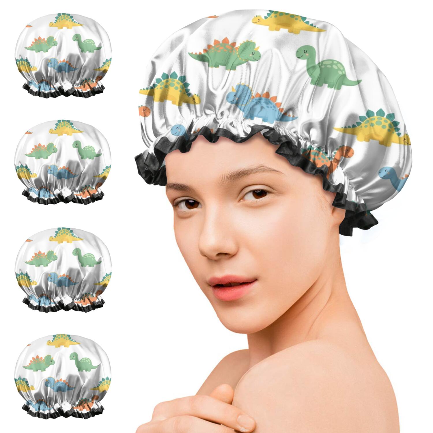 Shower Caps,White Cartoon Dinosaurs Pattern Waterproof Shower Cap for Women 4 Pieces,Double Reusable Hair Cover for Shower PEVA Elastic Stretch Hem