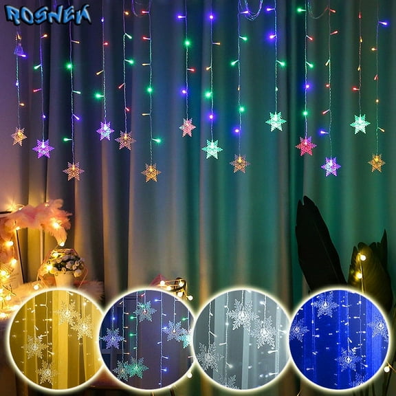 Rosnek 96LEDs Big Snowflake Curtain Lights, Icicle Window Hanging Lights, Curtain String Lights, 8 Modes Flashing Xmas Fairy Lights, for Home Window Party Xmas Tree Decor
