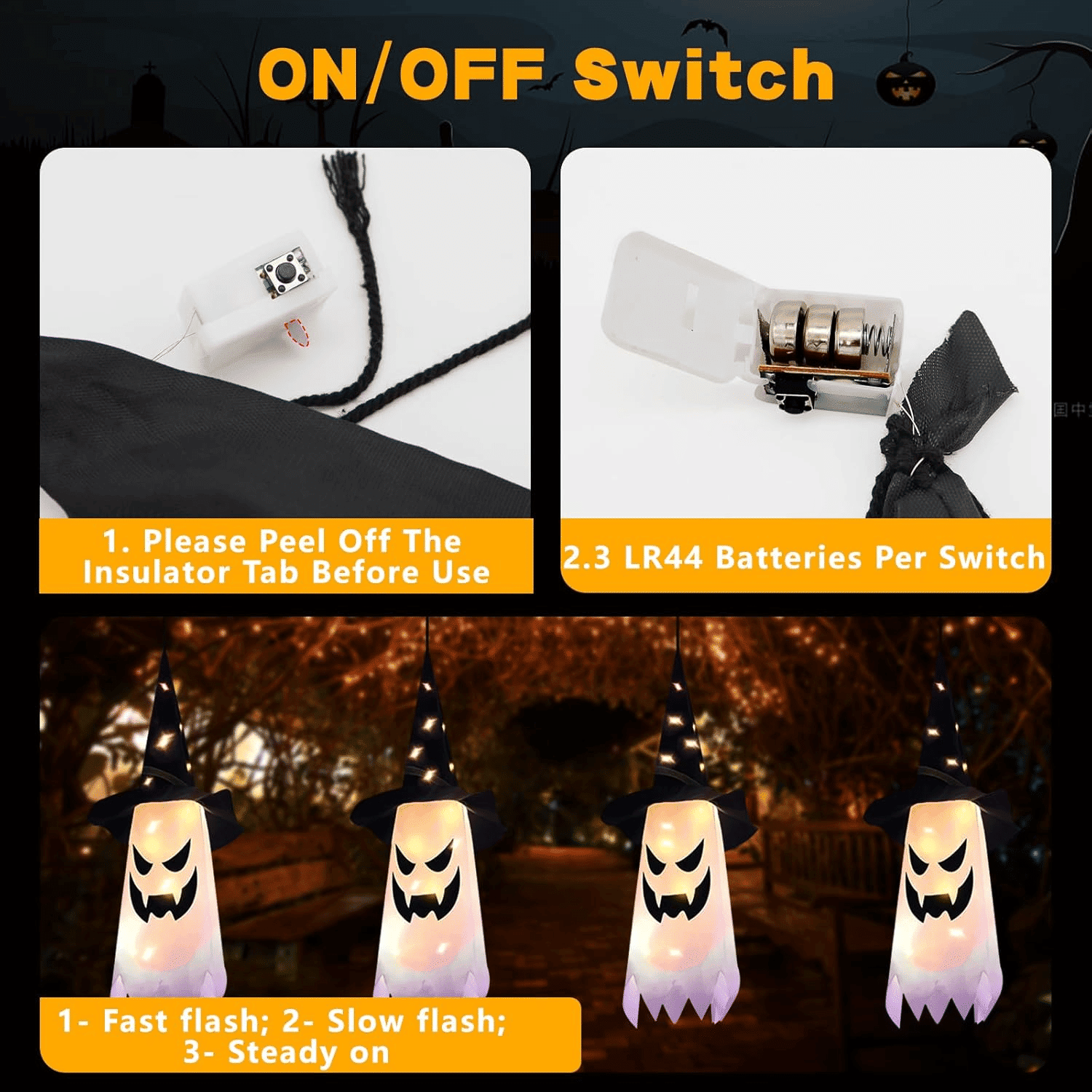 4 Pack Hanging Glowing Ghost Witch Hat String Lights with 3 Flash Modes