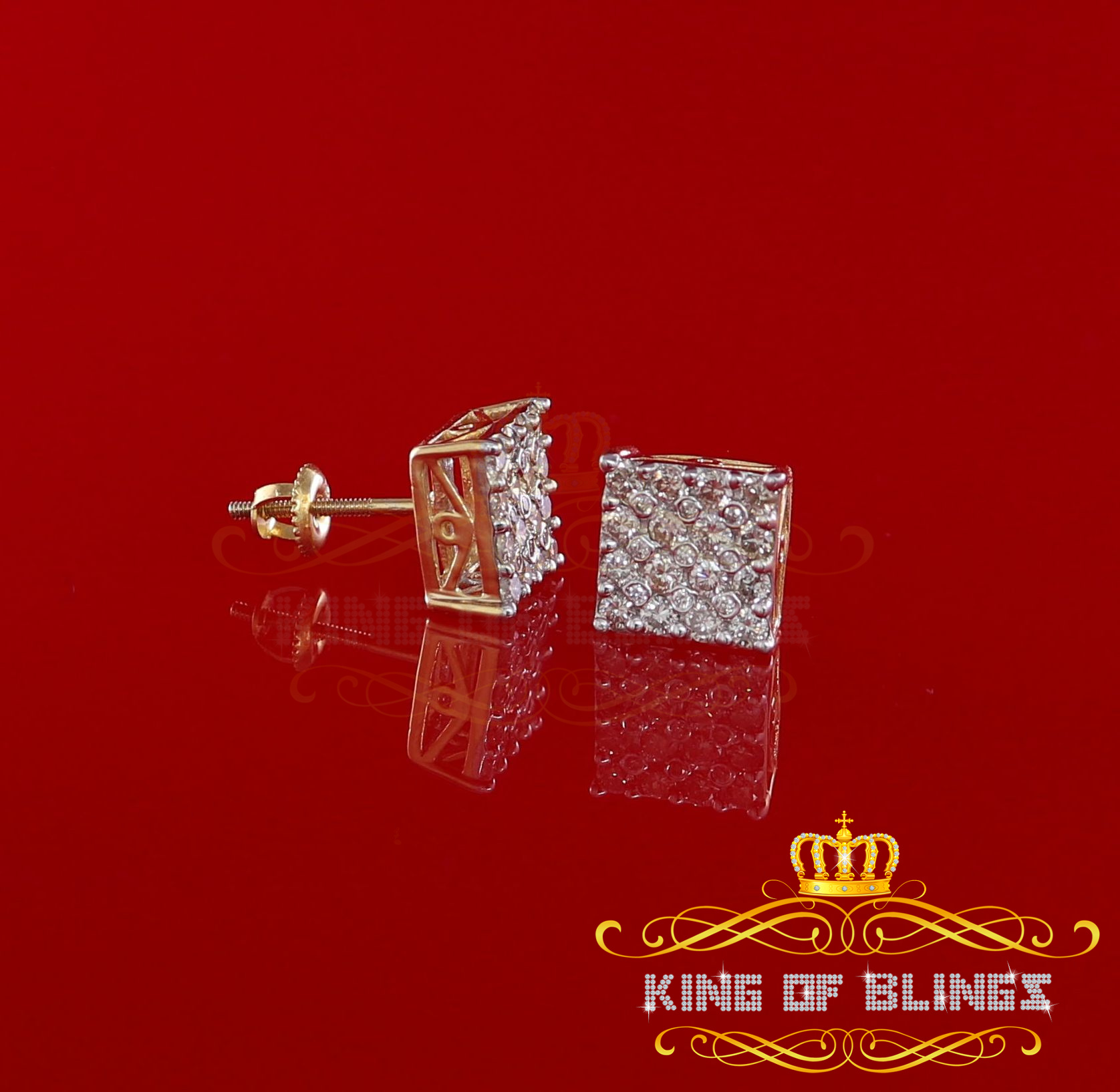 King of Bling's 10K Real Yellow Gold with 1.00CT Real Diamond Men's/Women's Stud Square Earrings