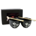 thumbnail image 3 of Set of 2 Quality and Elegant Japanese Porcelain Black Bowls w Chopsticks- White Bamboo EHD New, 3 of 6