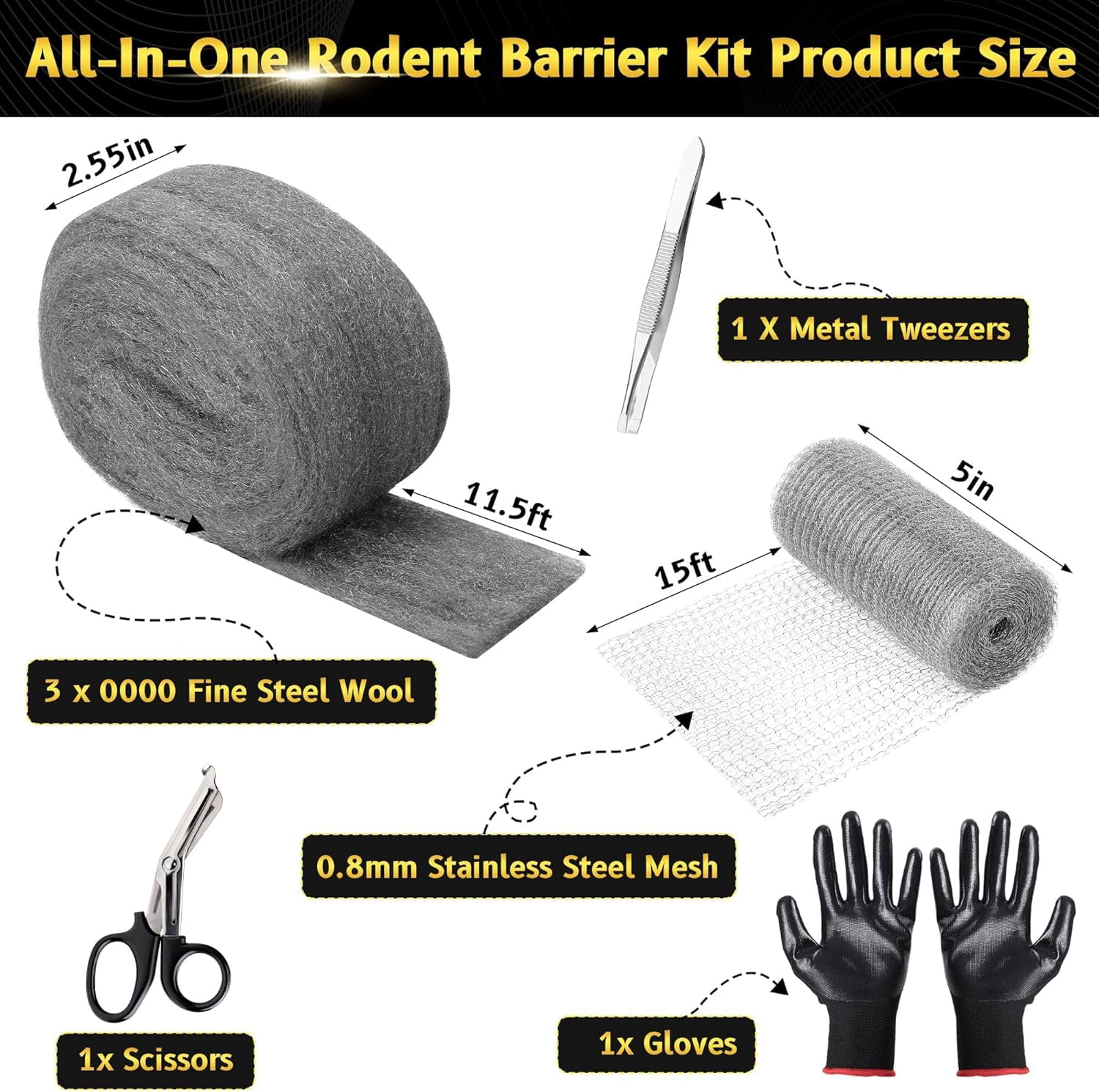 Steel Wool Mice Fabric Roll Contro L - 3 Pcs Steel Wool 0000 & 1 Pcs Wire Mesh with Metal Tweezers, Gloves & Scissors, Steel Wool & Wire Mesh Fill Hole for Mice, Mouse Hole Filler for House Garden