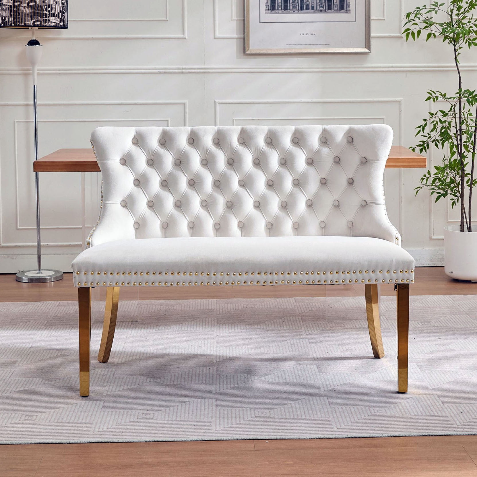 S-HOME Stylish Velvet Double Seat Loveseat Bench Featuring Handmade Buttons and Gold-Plated Steel Legs for Dining Areas, Beige