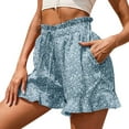 thumbnail image 2 of Summer Shorts for Women! Audhol Women's Casual Shorts Elastic High Waist Ruffle Floral Print Comfy Summer Beach Short Lounge Pants with Pocket Beach Shorts for Women Blue XL, 2 of 9