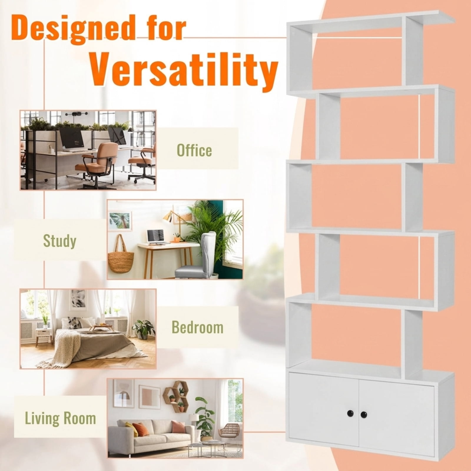 Furnibear 6-Tier S-Shaped Freestanding Bookshelf with 5 Open Shelves and Closed Cabinet Tall Wood Storage for Living Room and Office, White