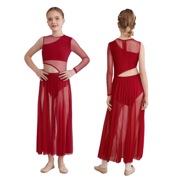 Oyolan Lyrical Dance Dress for Kids Girls One Shoulder Mesh Long Sleeve Side Split Leotard Skirt Burgundy 14