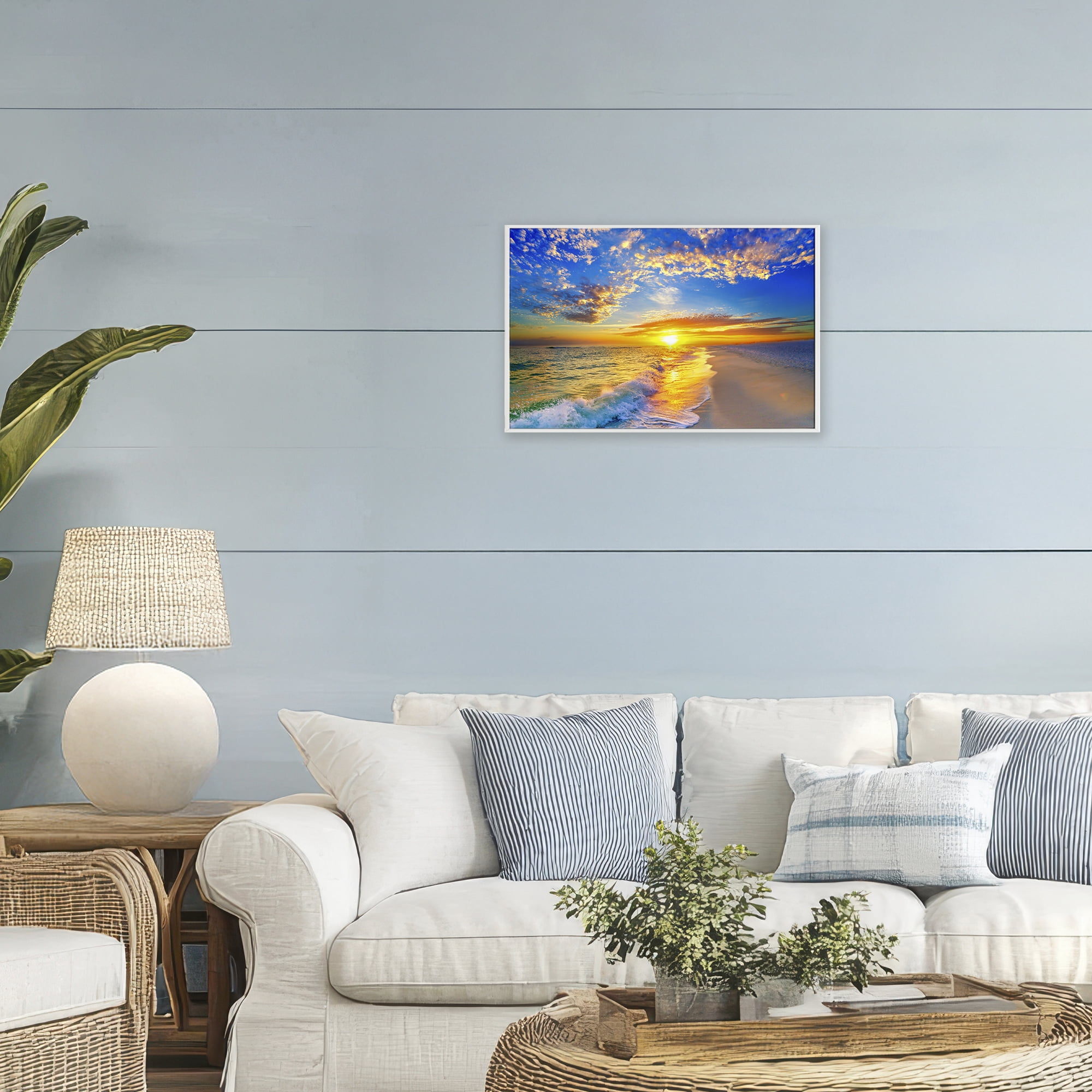 Stupell Industries Golden Sunset Beach Blue Sky White Framed Giclee Art, design by Eszra Tanner