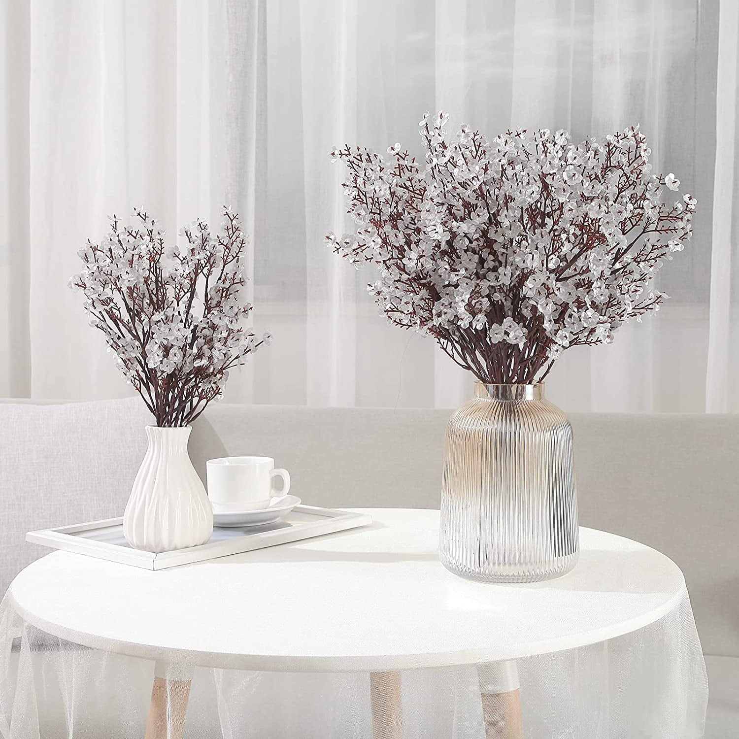 Baby Breath Flowers Artificial Bulk Real Touch Fake Flower Faux Silk Floral Gypsophila Bouquet for Office Kitchen Bedroom Wedding Restaurant Centerpieces Christmas Party Decor (Silver)