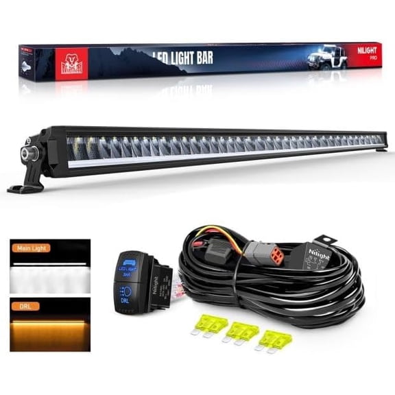 Nilight LED Light Bar with Amber DRL 50.5 Inch 210 W Single Row Anti-Glare Flood Spot Combo Slim Offroad Lights IP68 w/ 12 AWG DT Wiring Kit for Pickup Truck SUV ATV UTV Boat 4x4